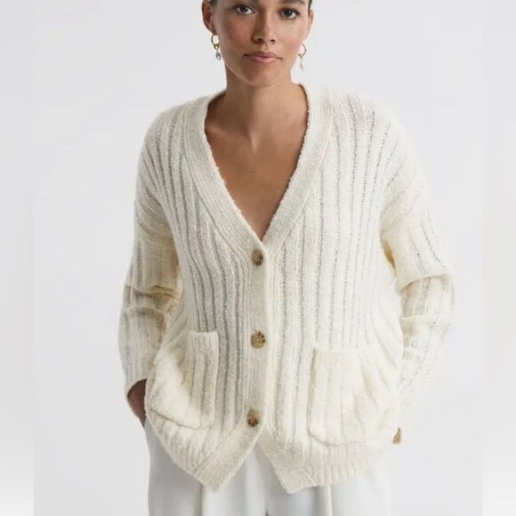 Reiss women’s medium Annie relaxed wool blend chunky thick knit sweater white - Picture 1 of 8